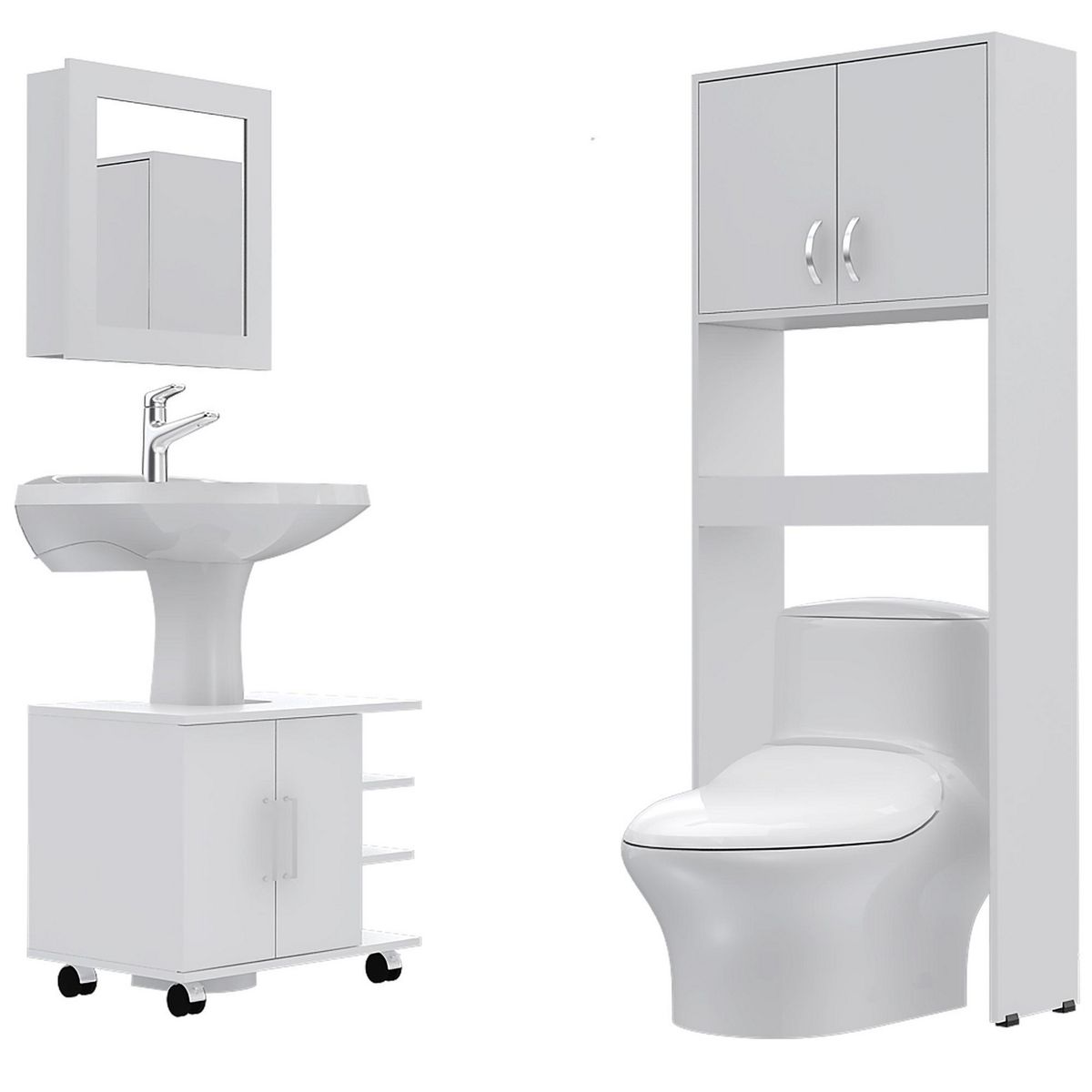 TUHOME - Combo Mueble de Baño Organizador Lavamanos + Botiquin Blanco + Organizador sobre Inodoro