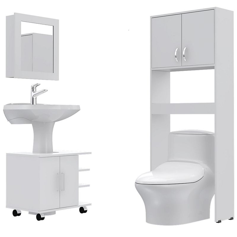 TUHOME - Combo Mueble de Baño Organizador Lavamanos + Botiquin Blanco + Organizador sobre Inodoro