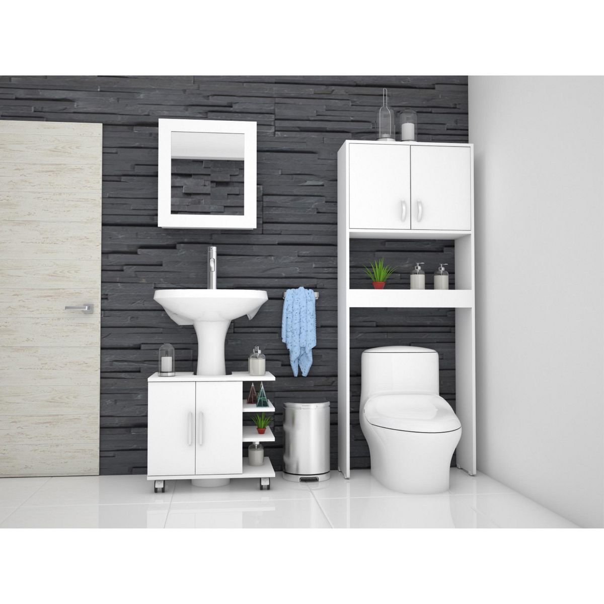 TUHOME - Combo Mueble de Baño Organizador Lavamanos + Botiquin Blanco + Organizador sobre Inodoro