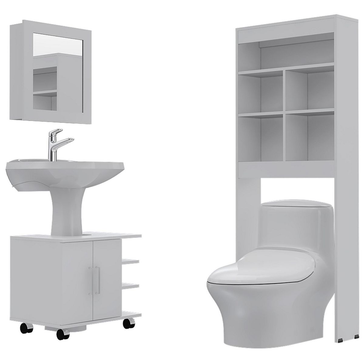 TUHOME - Combo Mueble de Baño Organizador Lavamanos + Botiquin Blanco + Organizador sobre Inodoro