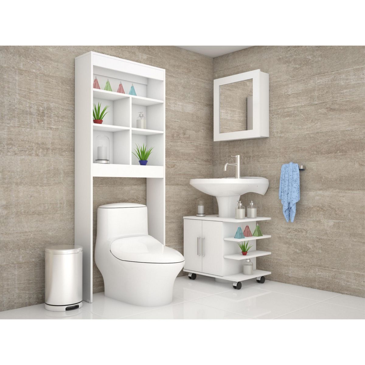 TUHOME - Combo Mueble de Baño Organizador Lavamanos + Botiquin Blanco + Organizador sobre Inodoro