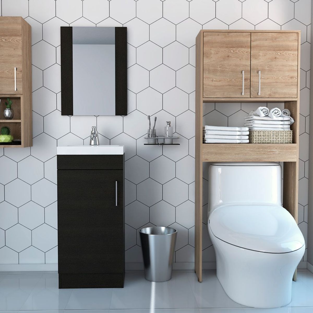 TUHOME - Combo Mueble de Baño Vanitorio + Espejo Madrid Wengue + Organizador Auxiliar + Organizador sobre Inodoro Barcelona Miel