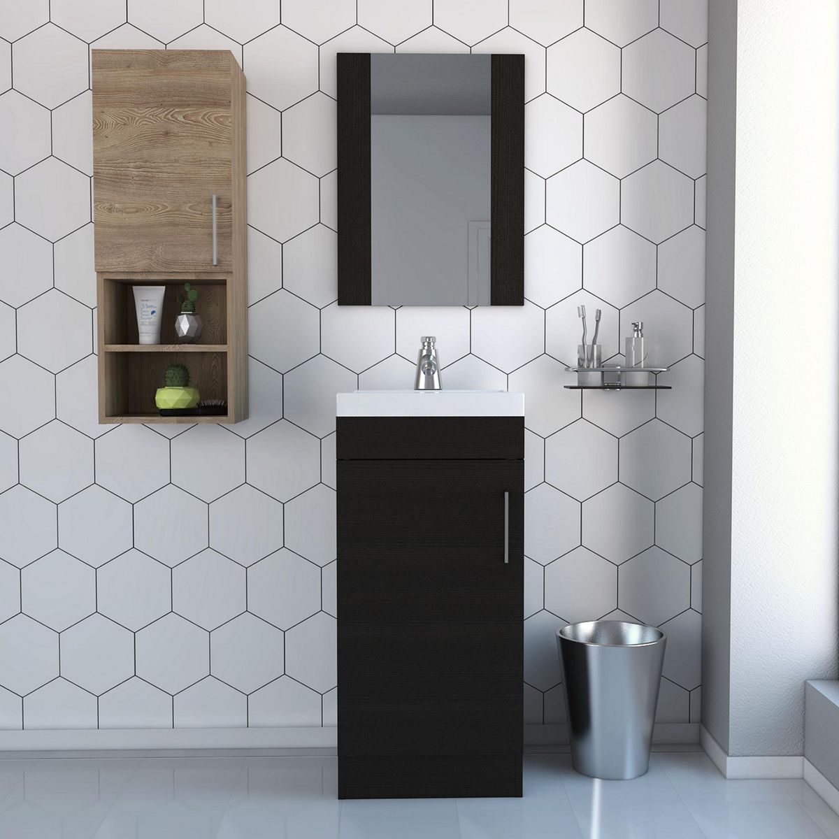TUHOME - Combo Mueble de Baño Vanitorio + Espejo Madrid Wengue + Organizador Auxiliar Barcelona Miel