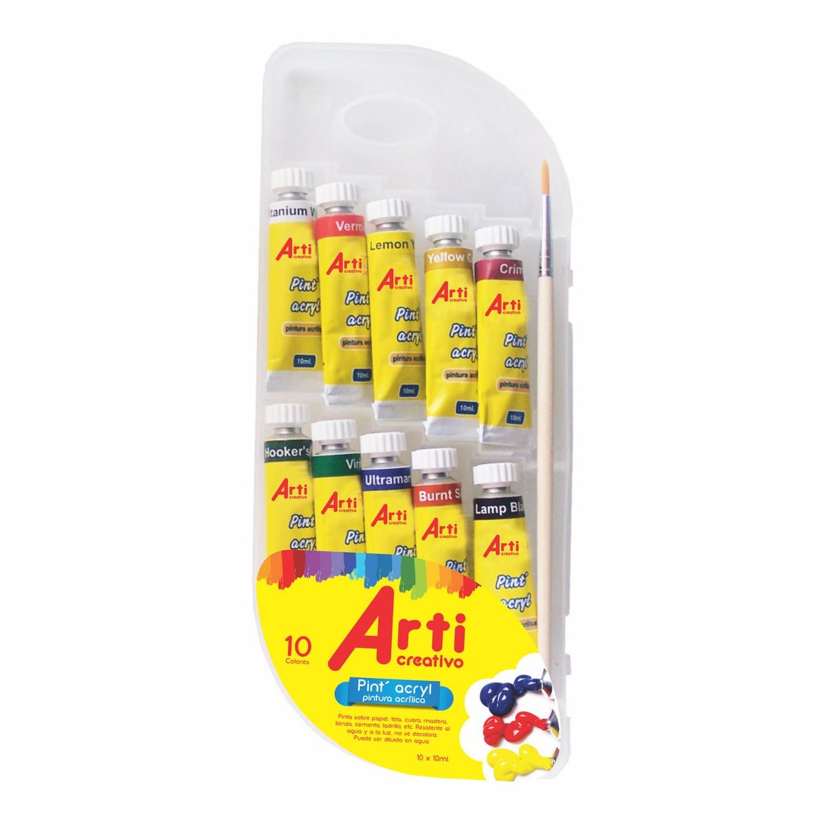 Pintura Acrílica x 10 + Pincel, marca ARTI CREATIVO - Foto Principal