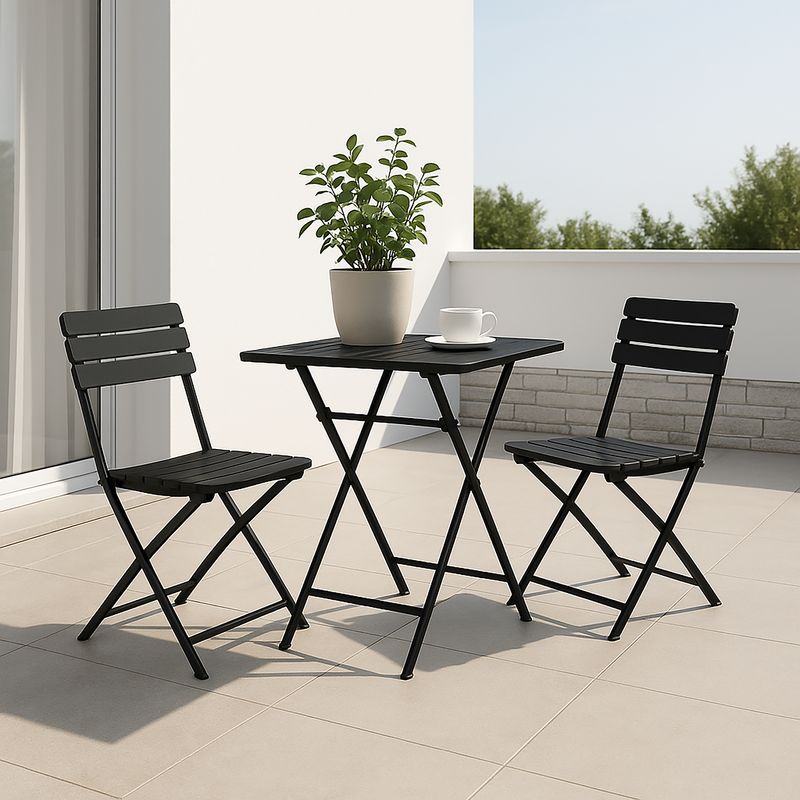 KLIMBER - Mesa Plegable Cuadrada 62cm Negra + Silla Simil Madera Negro