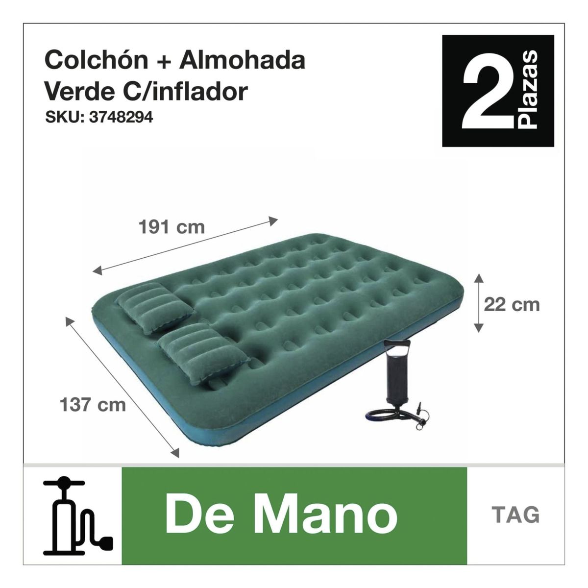 KLIMBER - Combo Colchón Inflable 2 Plazas Klimber Verde + Inflador
