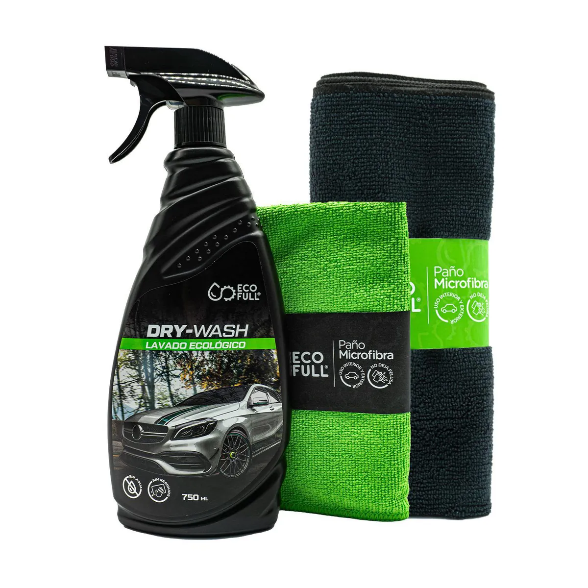 ECO-FULL - Kit de Limpieza para Auto Eco-Full Dry Wash 750 ml + 2 Paños de Microfibra
