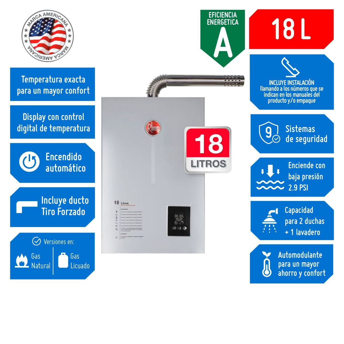 RHEEM - Terma a Gas Rheem GLP 18 litros Tiro Forzado