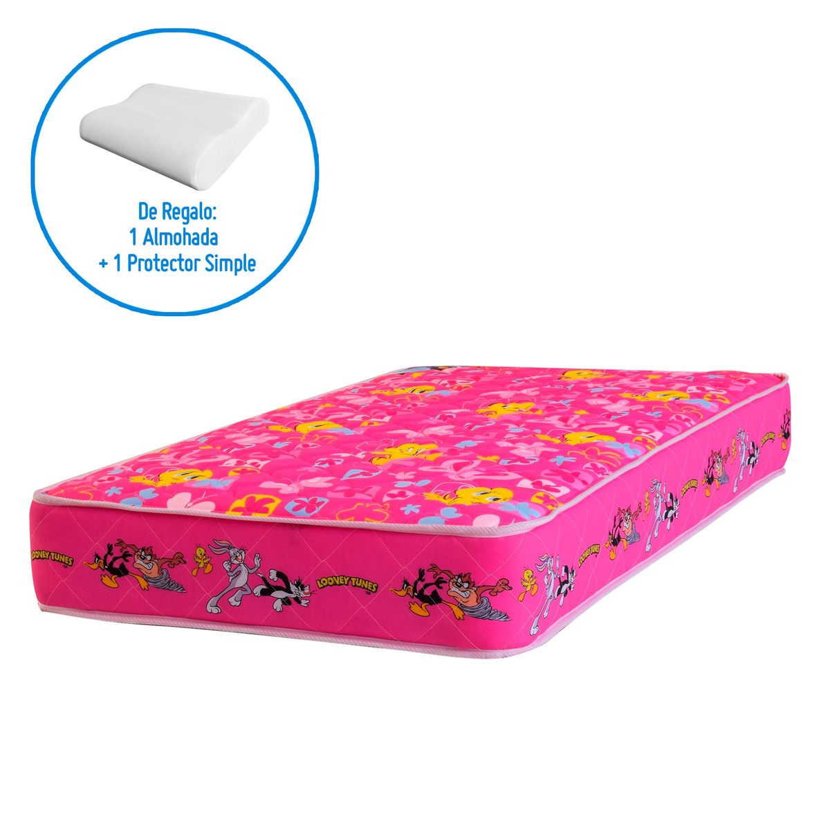 FORLI - Colchón Looney Tunes Forli 1.5 Plazas Rosado + Almohada Silicona + Protector