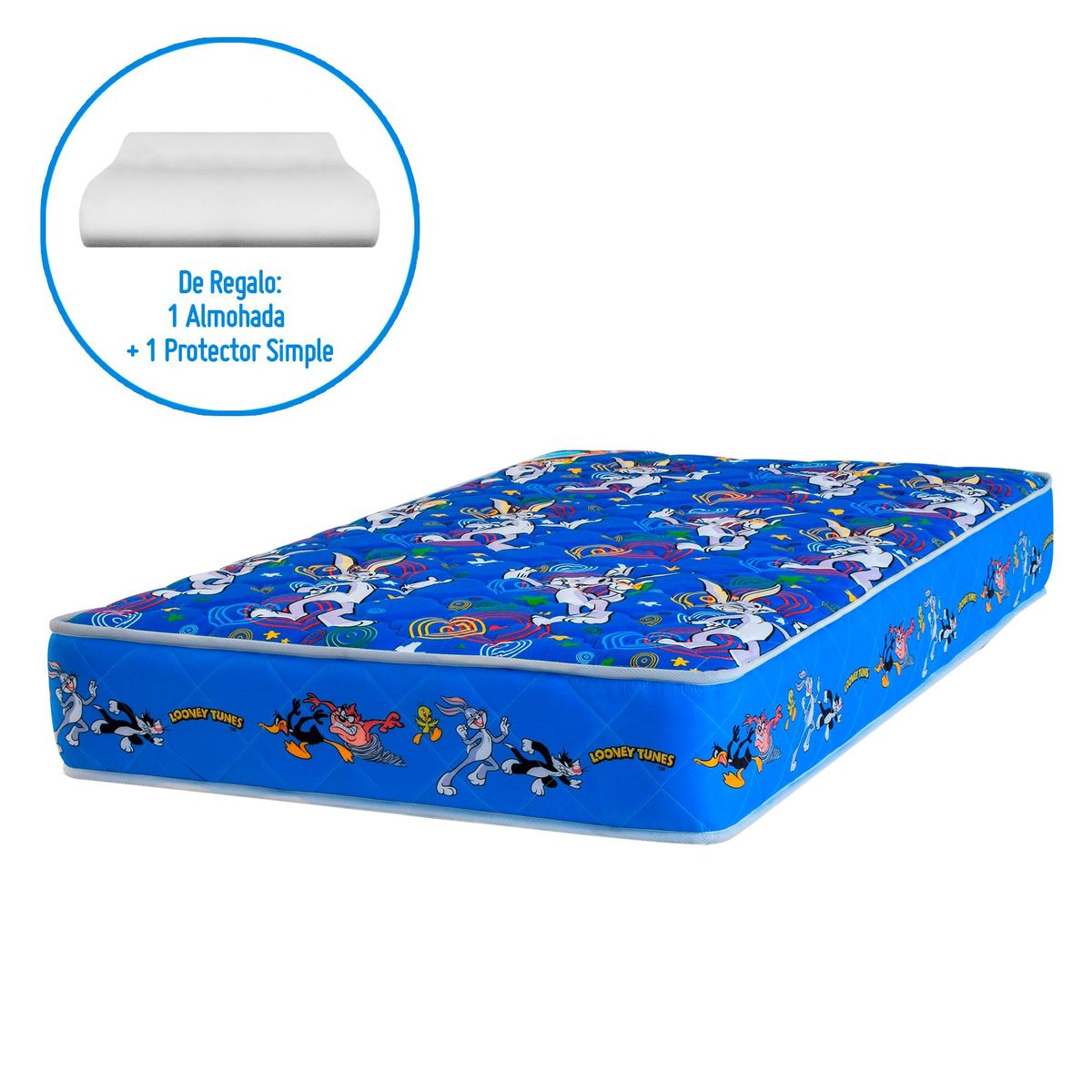 FORLI - Colchón Looney Tunes Forli 1.5 Plazas Azul + Almohada Silicona + Protector