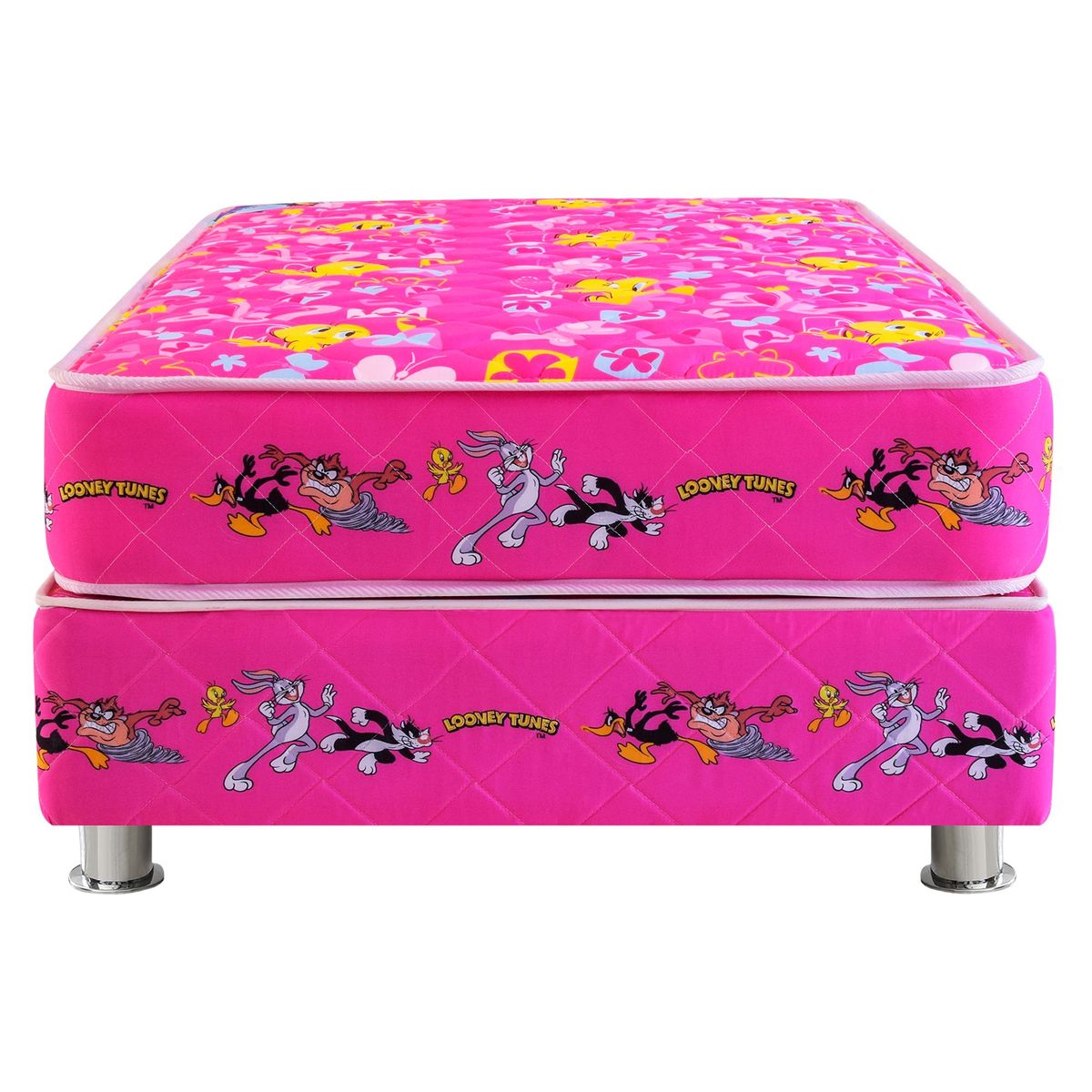 FORLI - Cama Americana Looney Tunes 1.5 Plazas Forli Rosado + Colchón + Almohada Silicona + Protector