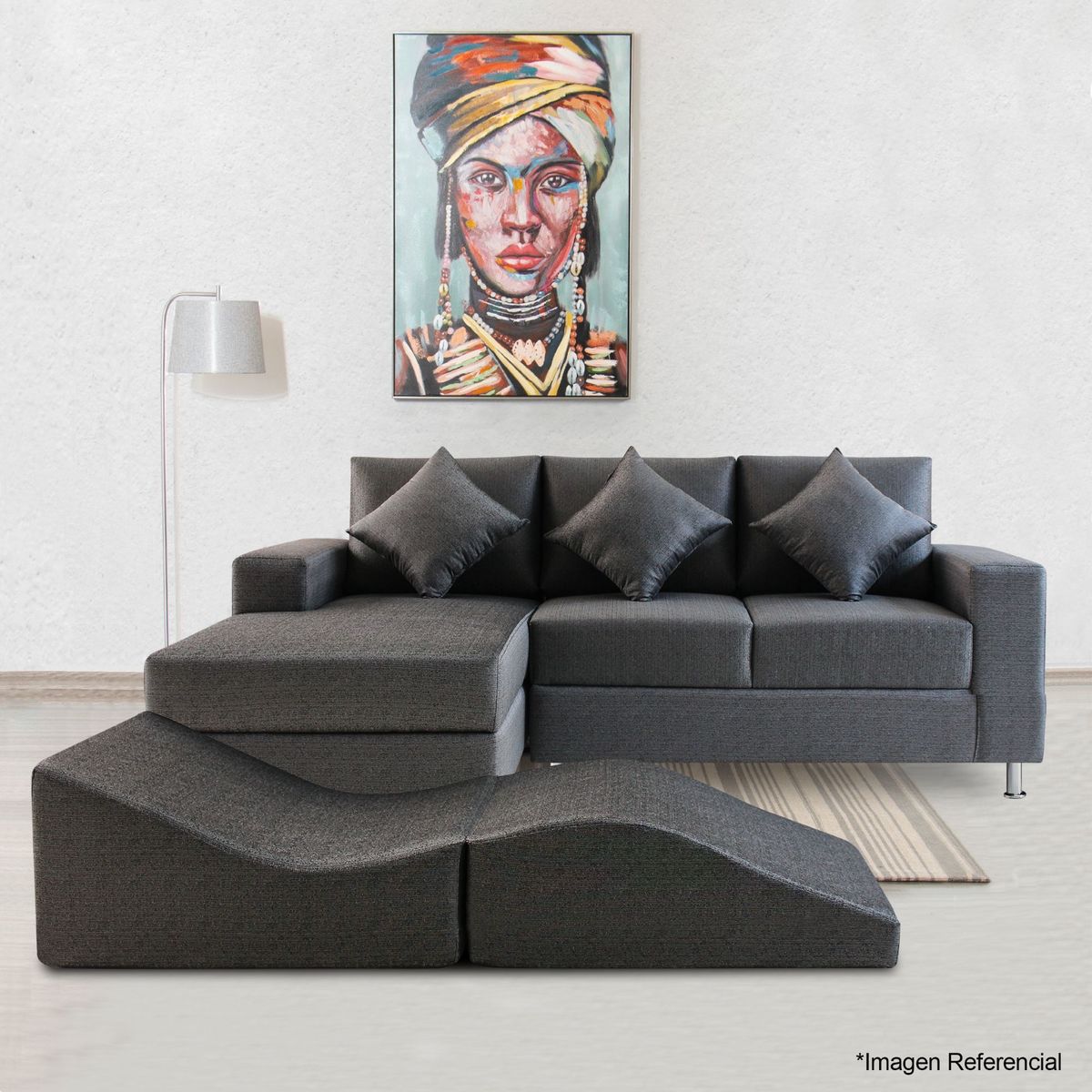 FORLI - Seccional 3 Cuerpos Spring a la Izquierda Plomo + Puff + 3 Cojines Decorativos
