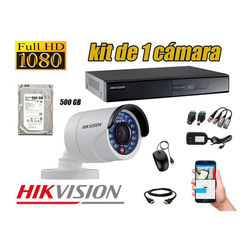 HIKVISION - Kit 1 Cámaras de Seguridad Full HD 1080p Disco 500GB Vigilancia + Kit de Herramientas Gratis