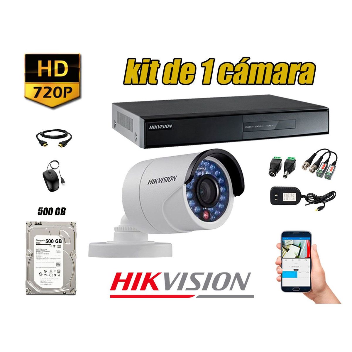 HIKVISION - Kit 1 Cámaras de Seguridad HD 720P Disco 500GB Vigilancia + Kit de Herramientas