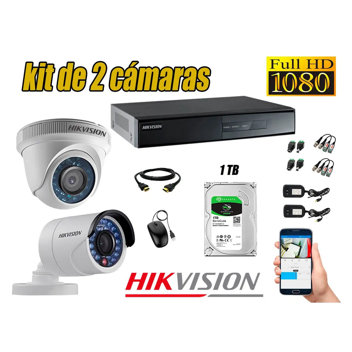 HIKVISION - Kit 2 Cámaras de Seguridad Full HD 1080p 1TB Vigilancia + Kit de Herramientas