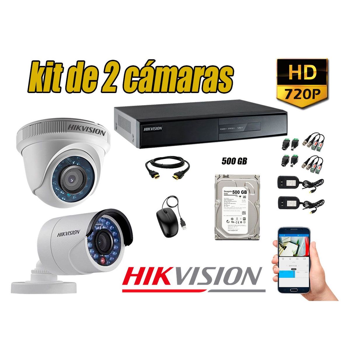 HIKVISION - Kit 2 Cámaras de Seguridad HD 720p Disco 500GB Vigilancia + Kit de Herramientas Gratis