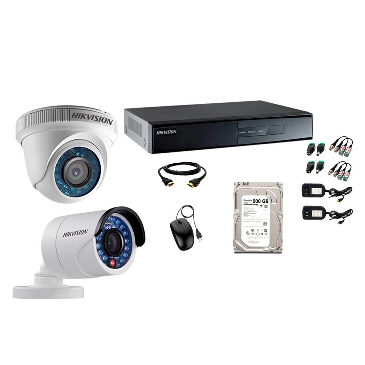 HIKVISION - Kit 2 Cámaras de Seguridad HD 720p Disco 500GB Vigilancia + Kit de Herramientas Gratis