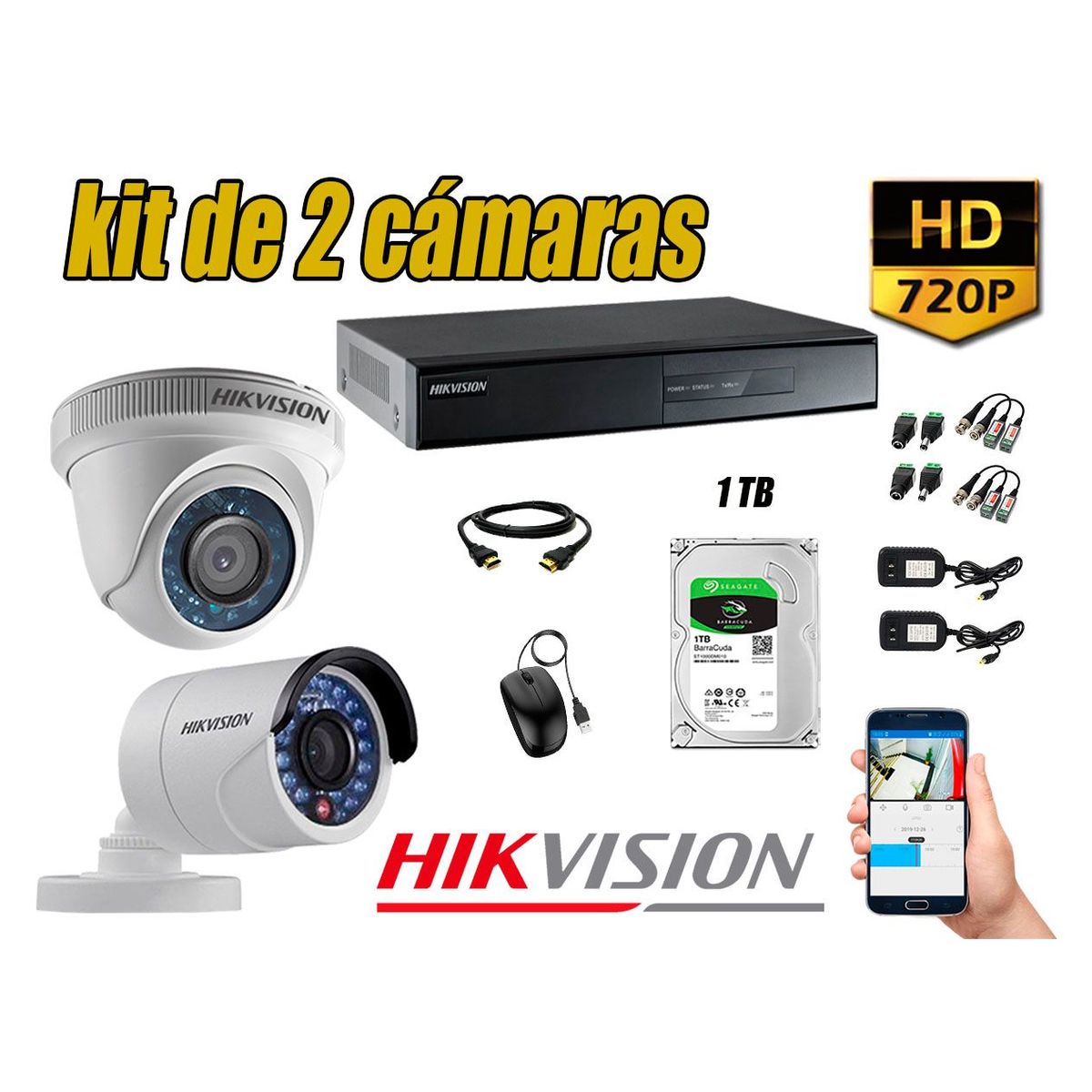 HIKVISION - Kit 2 Cámaras de Seguridad HD 720p Disco 1TB Vigilancia + Kit de Herramientas