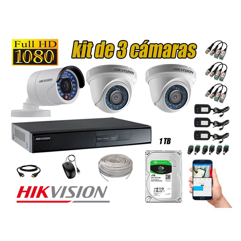 HIKVISION - Kit 3 Cámaras de Seguridad FullHD 1080p Disco 1TB Vigilancia + Kit Herramientas