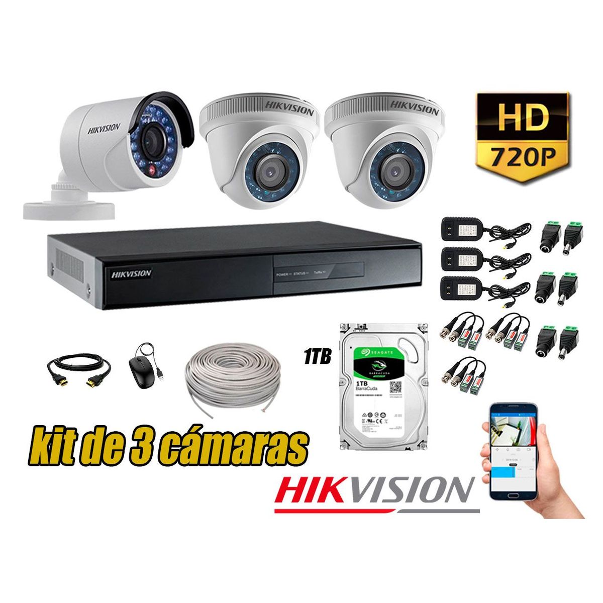 HIKVISION - Kit 3 Cámaras de Seguridad HD 720p Disco 1TB Vigilancia + Kit de Herramientas