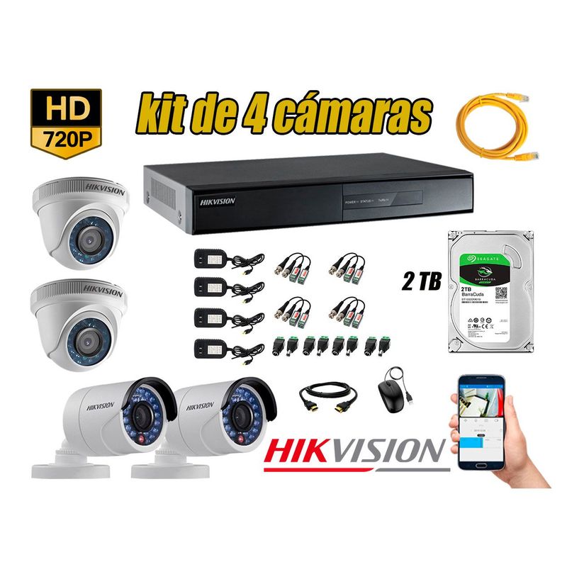 HIKVISION - Kit 4 Cámaras de Seguridad HD 720p Disco 2TB Vigilancia + Kit de Herramientas