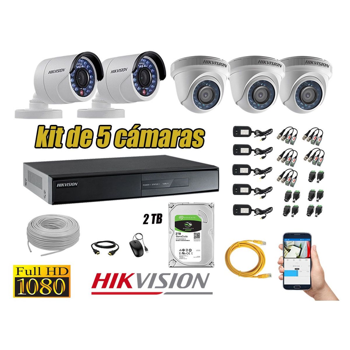 HIKVISION - Kit 5 Cámaras de Seguridad FullHD 1080p Disco 2TB Vigilancia + Kit Herramientas