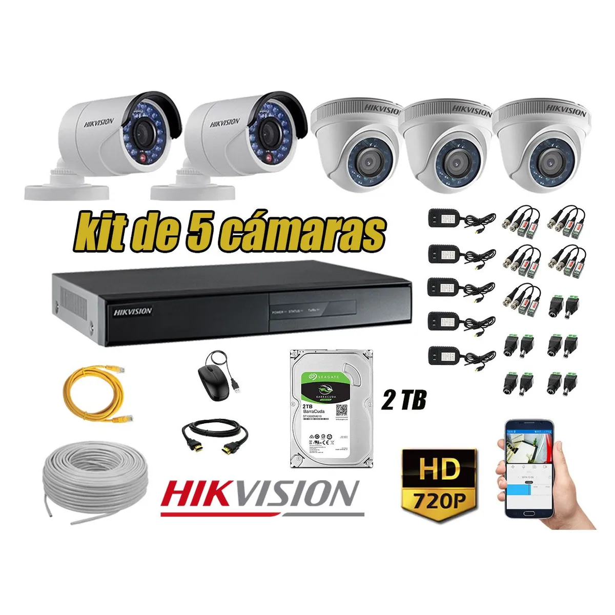 Kit 5 Cámaras de Seguridad HD 720p Disco 2TB Vigilancia + Kit de Herramientas, marca HIKVISION - Foto Principal