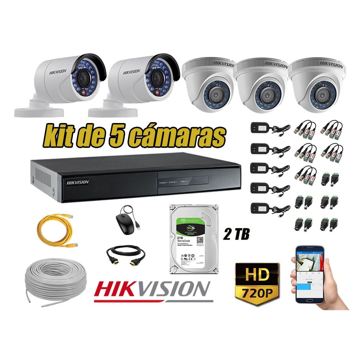 Kit 5 Cámaras de Seguridad HD 720p Disco 2TB Vigilancia + Kit de Herramientas, marca HIKVISION - Foto Principal