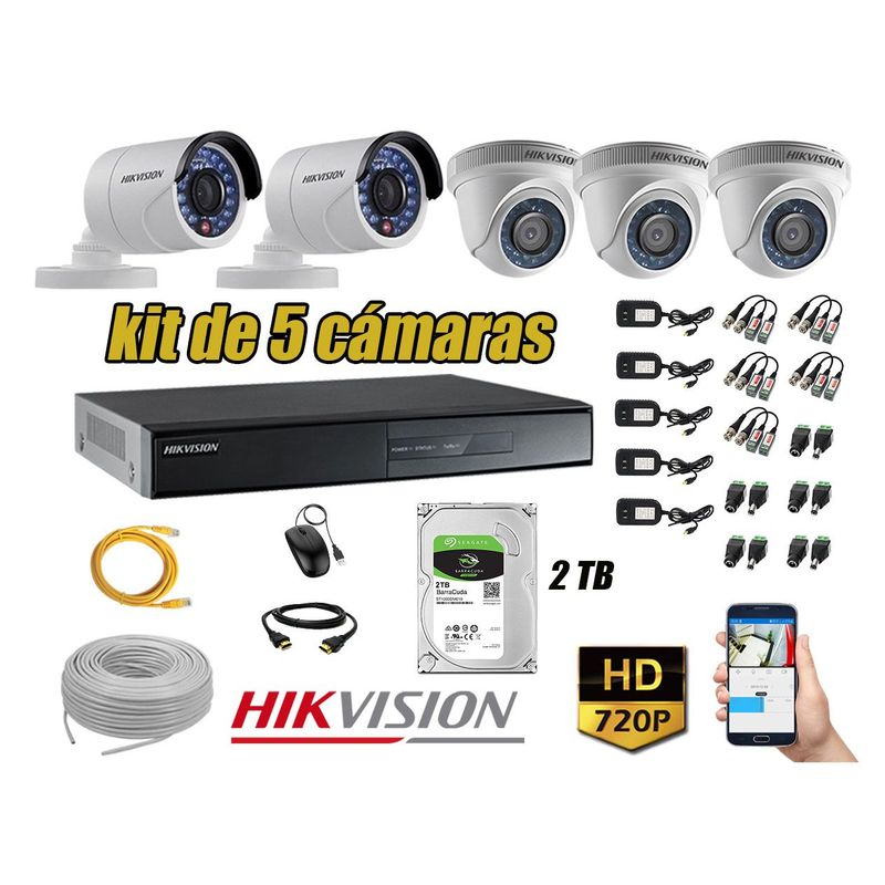 HIKVISION - Kit 5 Cámaras de Seguridad HD 720p Disco 2TB Vigilancia + Kit de Herramientas