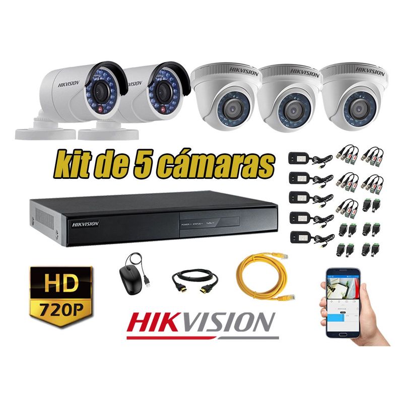 HIKVISION - Kit 5 Cámaras de Seguridad HD 720p P2P Vigilancia + Kit de Herramientas Gratis
