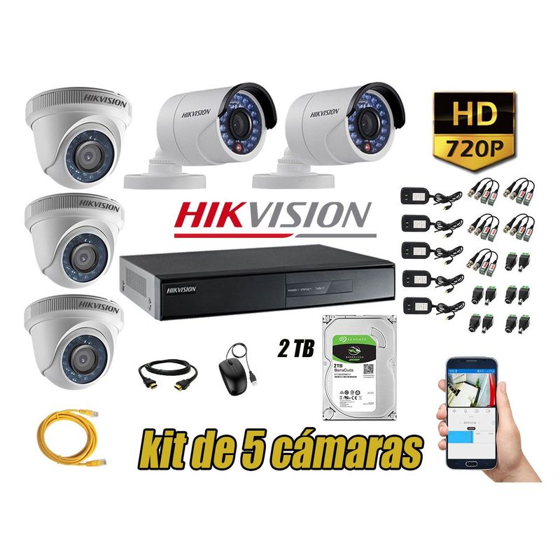 HIKVISION - Kit 5 Cámaras de Seguridad HD 720p 2TB Vigilancia + Kit de Herramientas Gratis