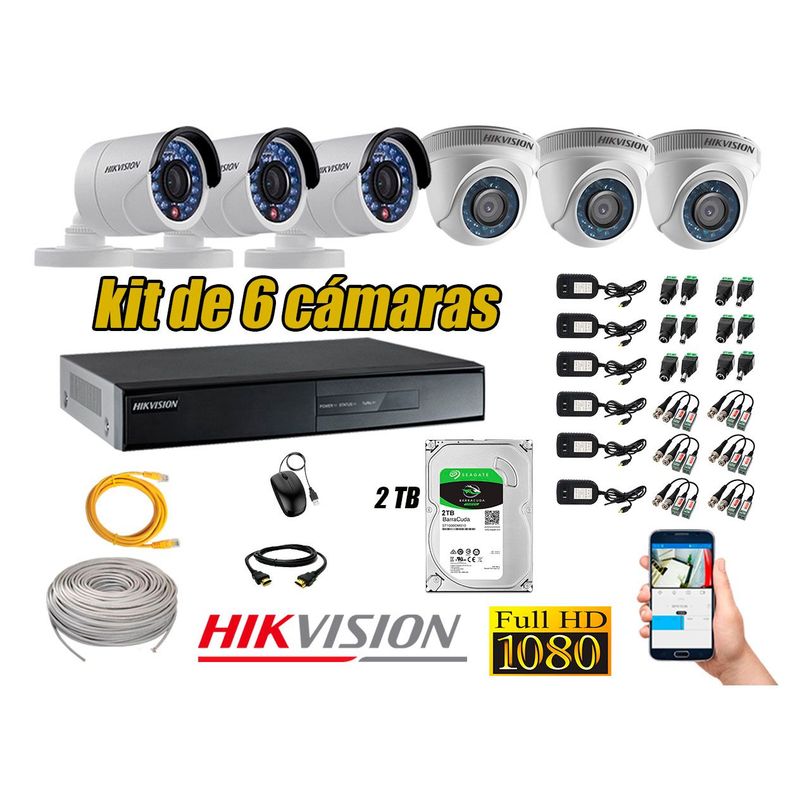 HIKVISION - Kit 6 Cámaras de Seguridad  Full HD 1080p Disco 2TB Vigilancia + Kit de Herramientas Gratis