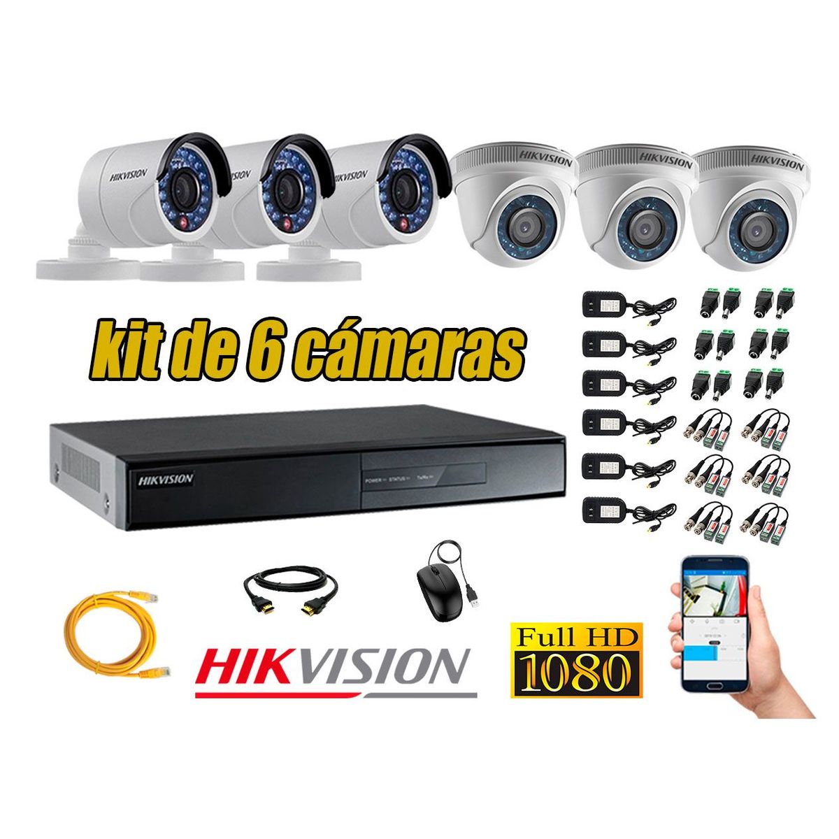 HIKVISION - Kit 6 Cámaras de Seguridad Full HD 1080p P2P Vigilancia + Kit de Herramientas