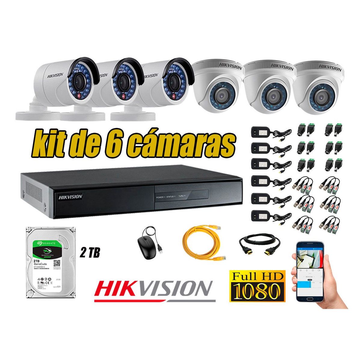 HIKVISION - Kit 6 Cámaras de Seguridad Full HD 1080p 2TB Vigilancia + Kit de Herramientas