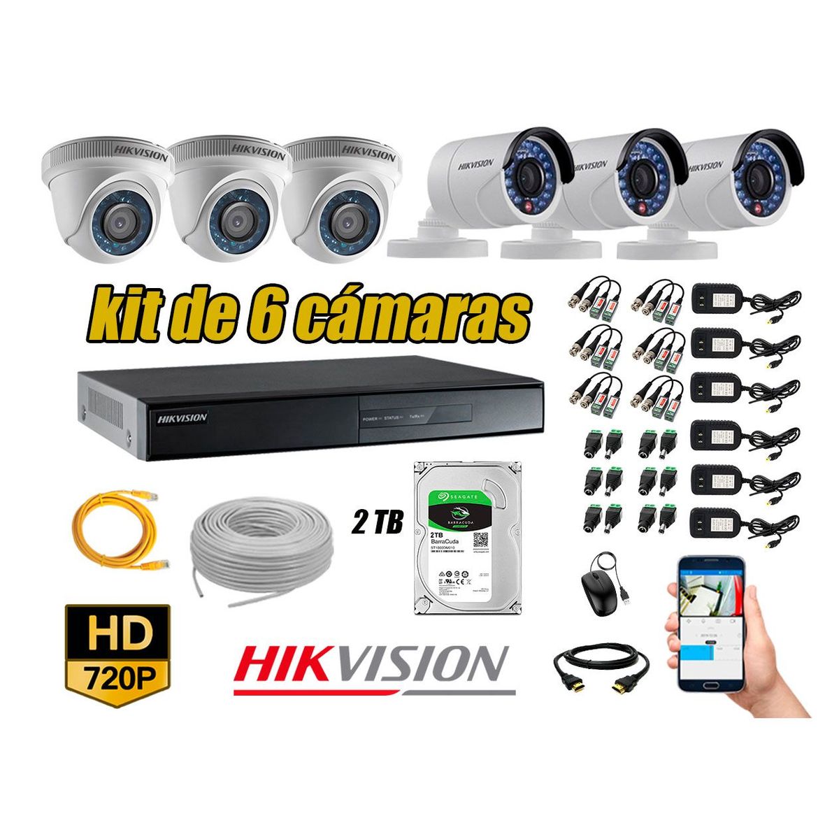 HIKVISION - Kit 6 Cámaras de Seguridad HD 720p Disco 2TB Vigilancia + Kit de Herramientas