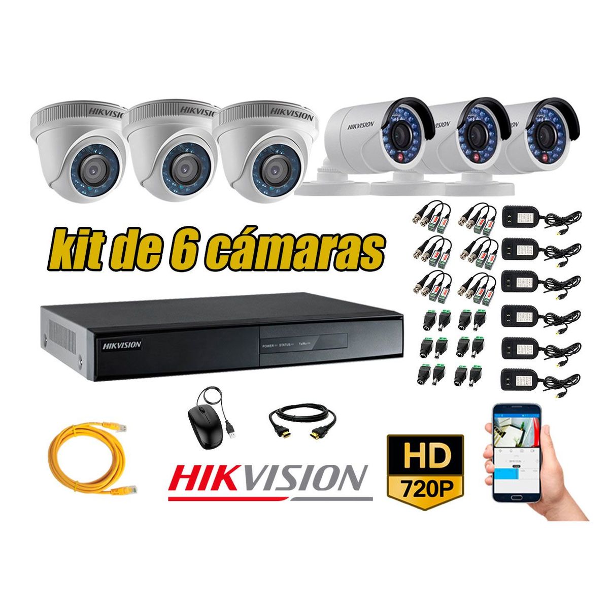 HIKVISION - Kit 6 Cámaras de Seguridad HD 720p P2P Vigilancia + Kit de Herramientas Gratis