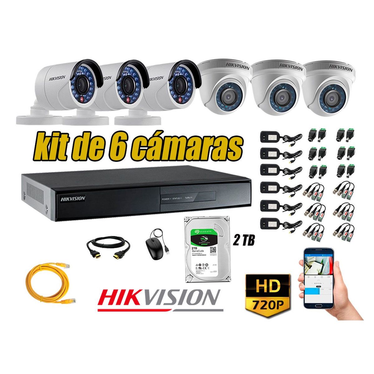 Kit 6 Cámaras de Seguridad HD 720p 2TB Vigilancia + Kit de Herramientas Gratis, marca Hikvision - Foto Principal