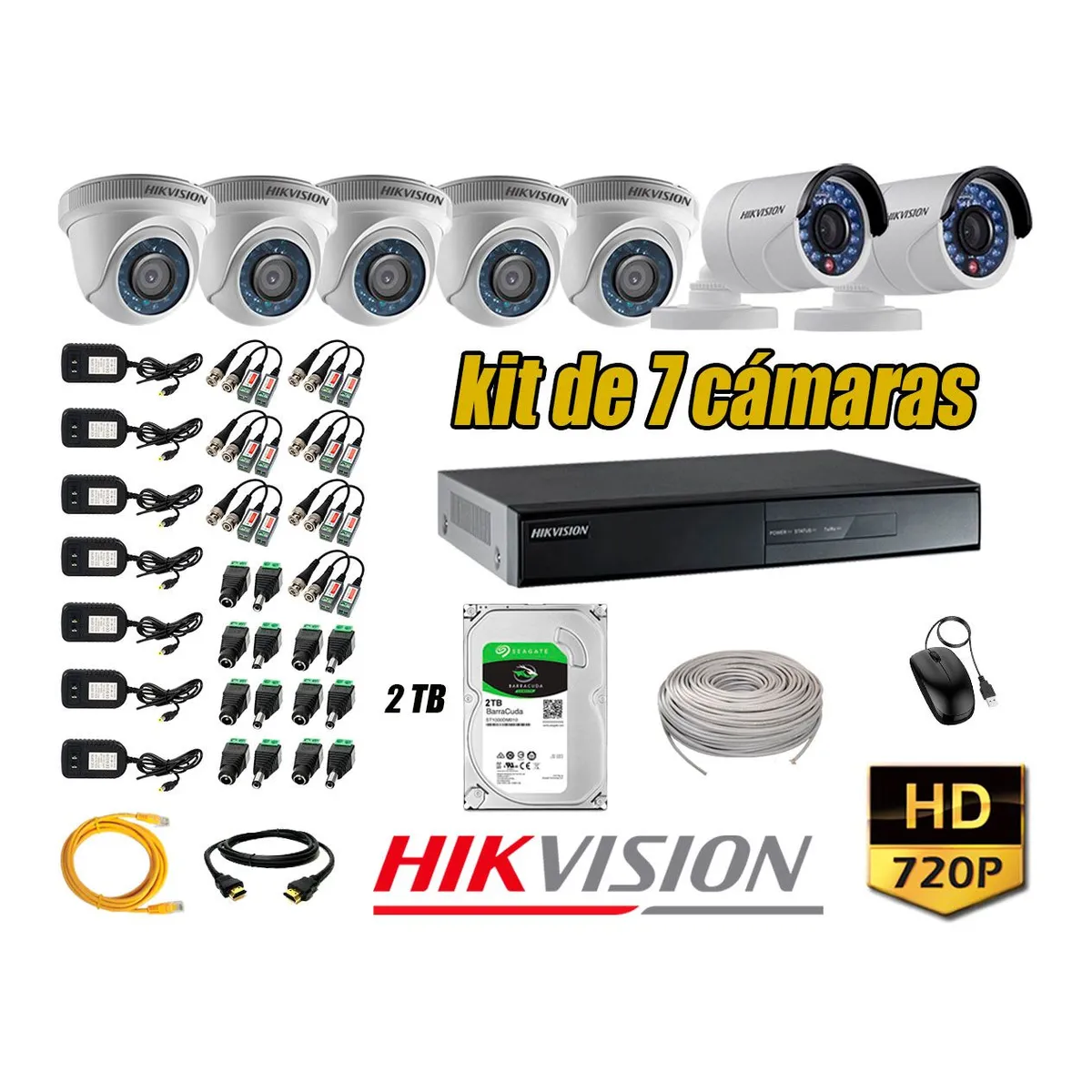 HIKVISION - Kit 7 Cámaras de Seguridad HD 720p Disco 2TB Vigilancia + Kit de Herramientas