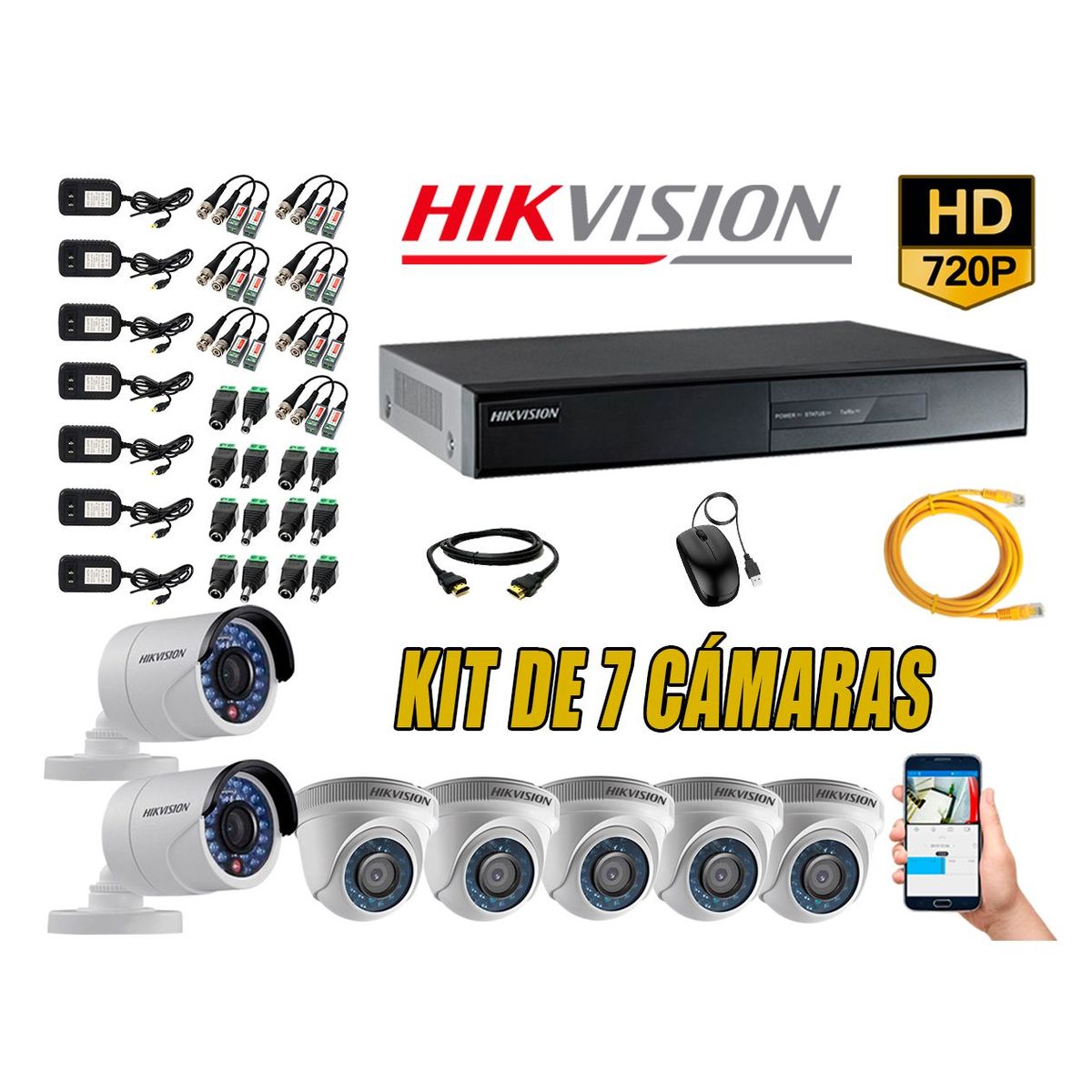 HIKVISION - Kit 7 Cámaras de Seguridad HD 720p P2P Vigilancia + Kit de Herramientas Gratis