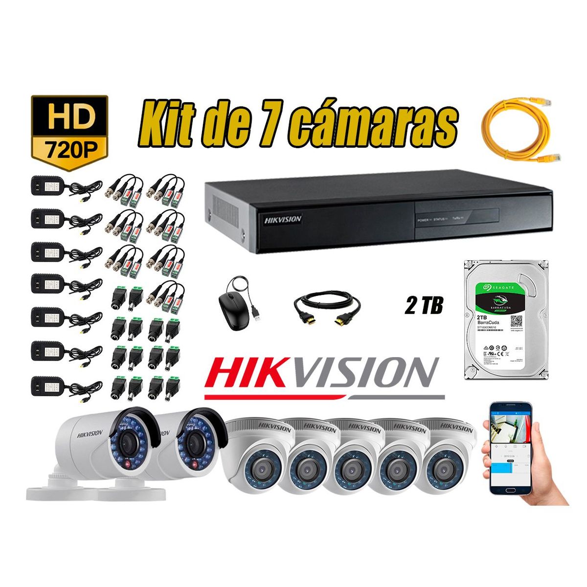 HIKVISION - Kit 7 Cámaras de Seguridad HD 720p 2TB Vigilancia + Kit de Herramientas Gratis