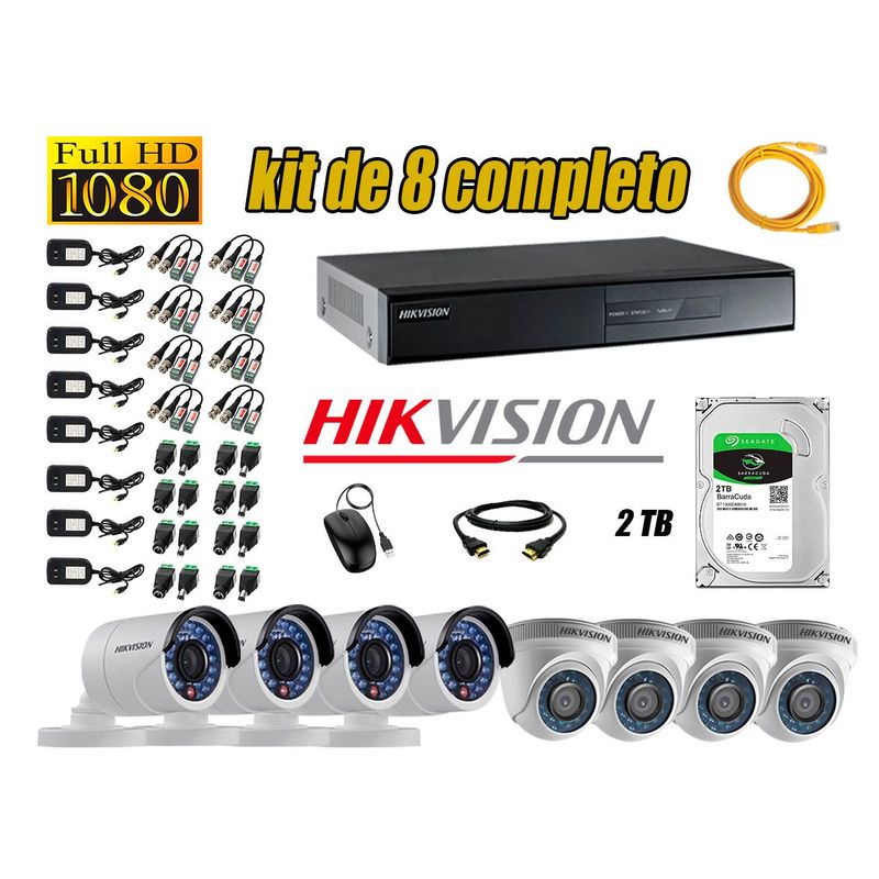 HIKVISION - Kit 8 Cámaras de Seguridad Full HD 1080p Disco 2TB Vigilancia + Kit de Herramientas Gratis