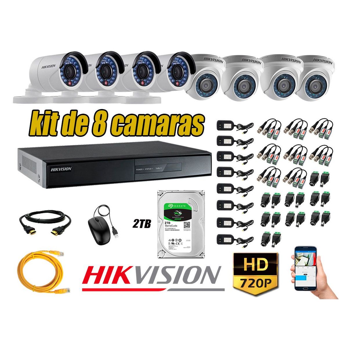HIKVISION - Kit 8 Cámaras de Seguridad HD 720p 2TB Vigilancia + Kit de Herramientas Gratis