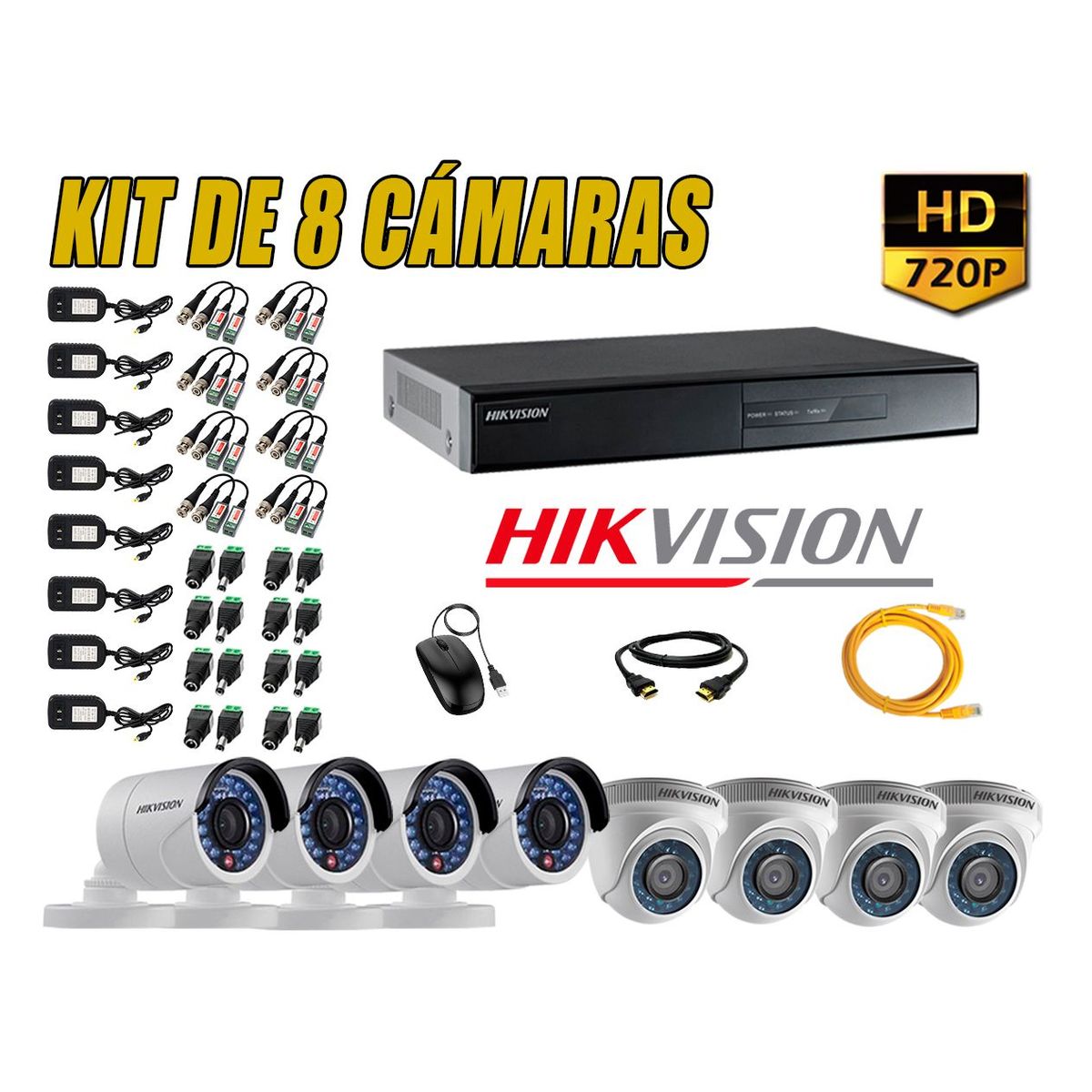 HIKVISION - Kit 8 Cámaras de Seguridad HD 720p P2P Vigilancia + Kit de Herramientas Gratis