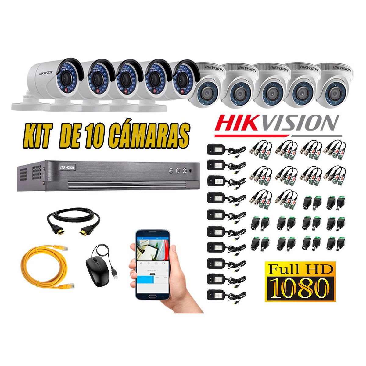 Kit 10 Cámaras de Seguridad Full HD 1080p P2P Vigilancia + Kit de Herramientas, marca Hikvision - Foto Principal