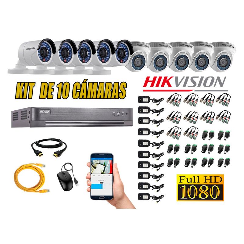 HIKVISION - Kit 10 Cámaras de Seguridad Full HD 1080p P2P Vigilancia + Kit de Herramientas
