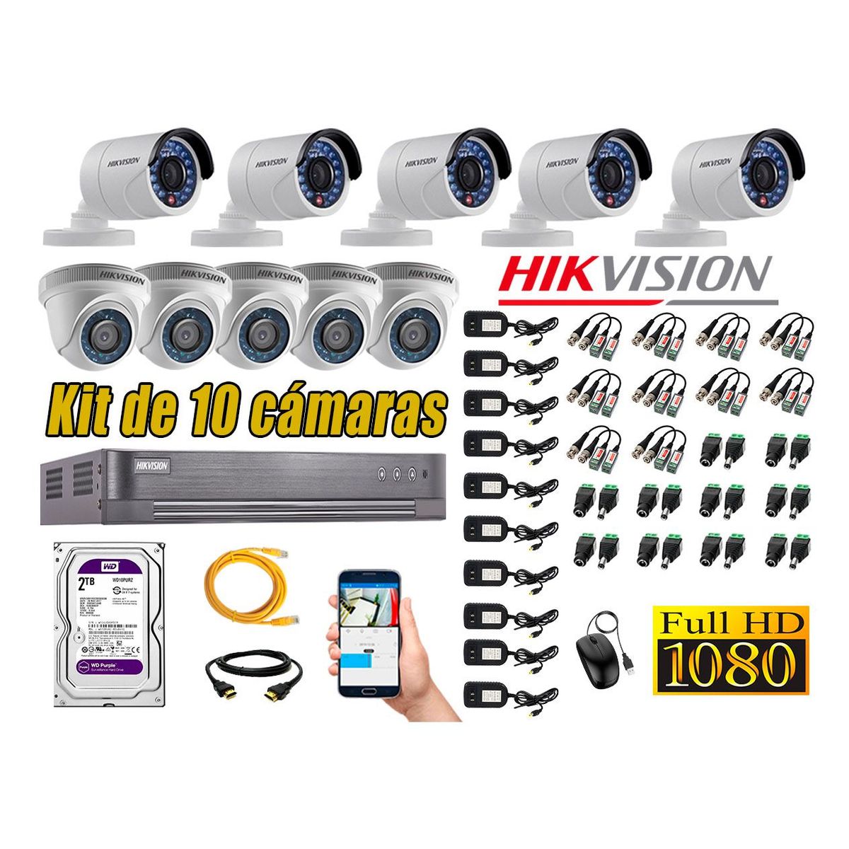 HIKVISION - Kit 10 Cámaras de Seguridad Full HD 1080p Disco 2TB Vigilancia + Kit de Herramientas Gratis