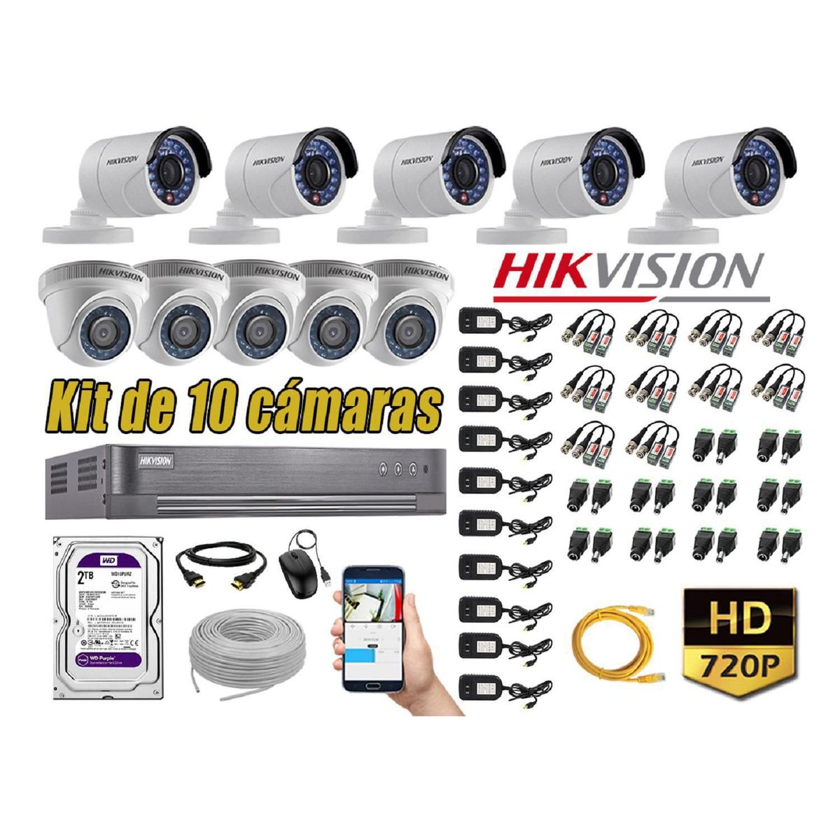 HIKVISION - Kit 10 Cámaras de Seguridad HD 720p Disco 2TB Vigilancia + Kit de Herramientas