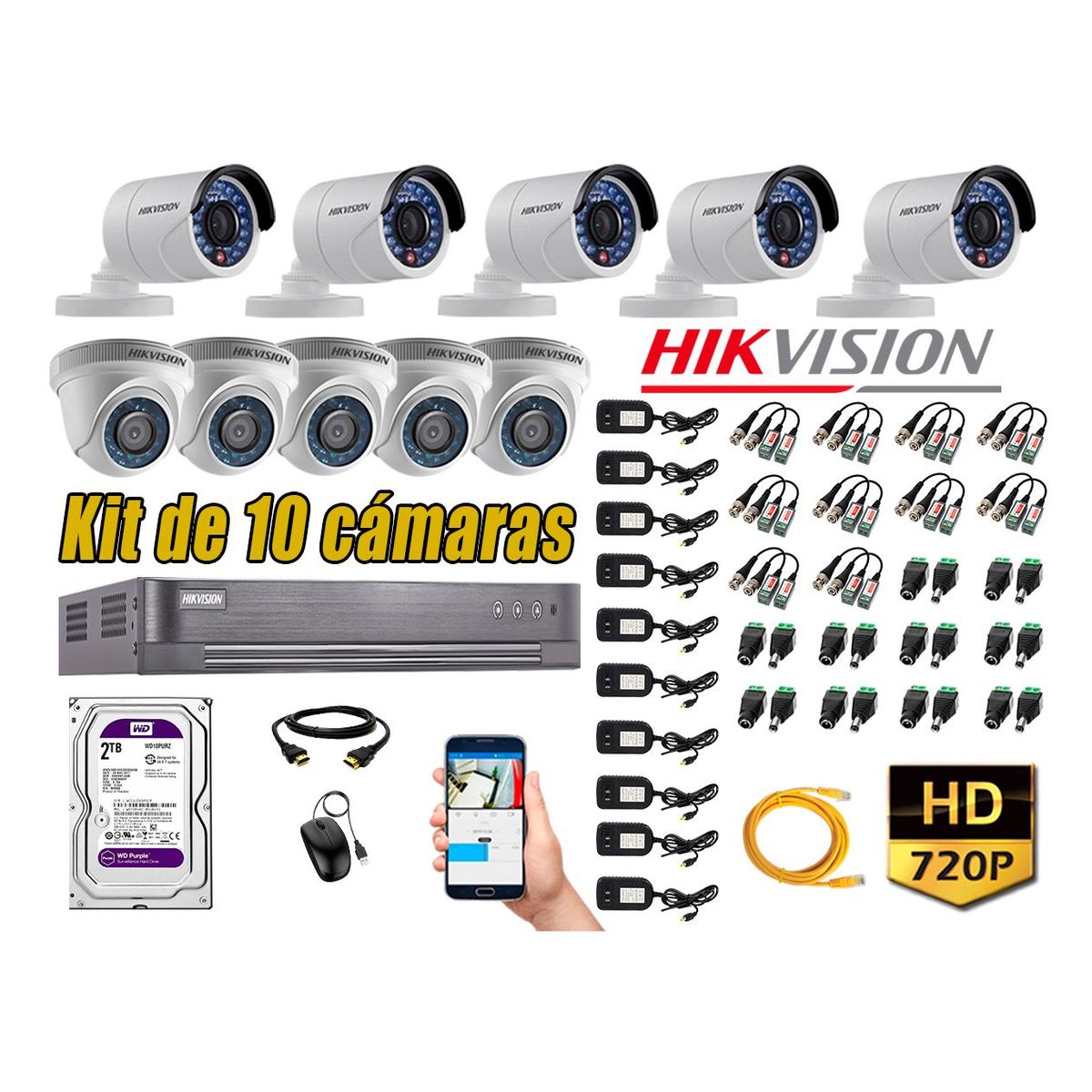 HIKVISION - Kit 10 Cámaras de Seguridad HD 720p 2TB Vigilancia + Kit de Herramientas Gratis