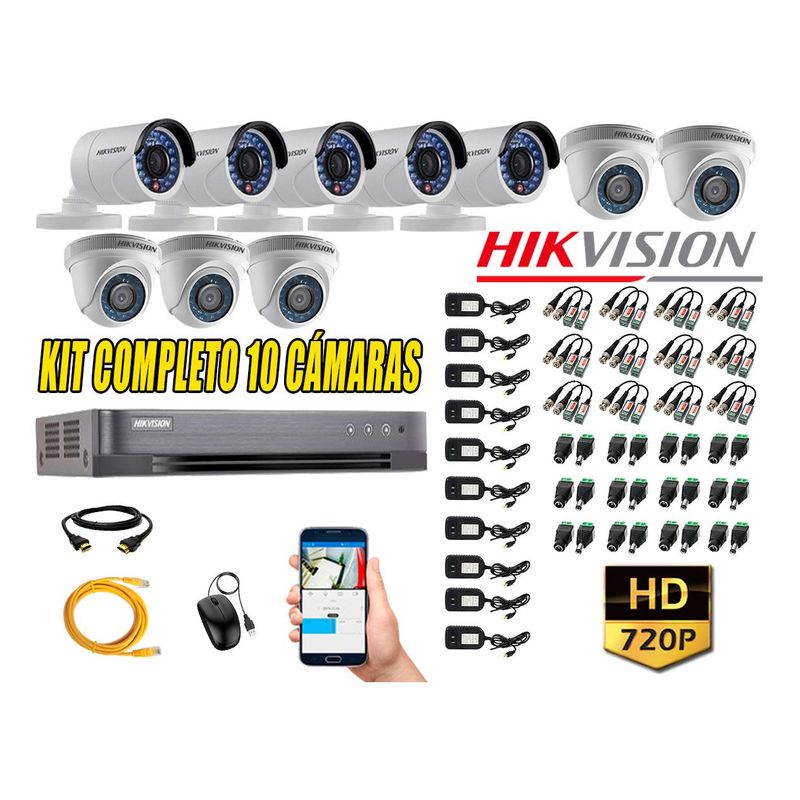 HIKVISION - Kit 10 Cámaras de Seguridad HD 720p P2P Vigilancia + Kit de Herramientas Gratis