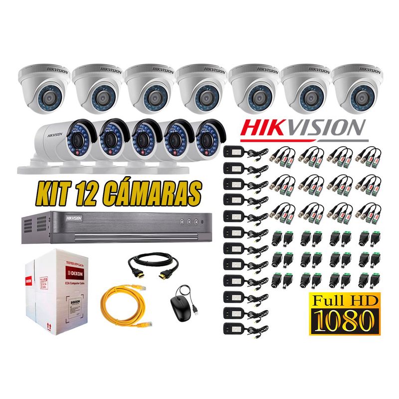 HIKVISION - Kit 12 Cámaras de Seguridad  Full HD 1080p Disco 2TB Vigilancia + Kit de Herramientas Gratis